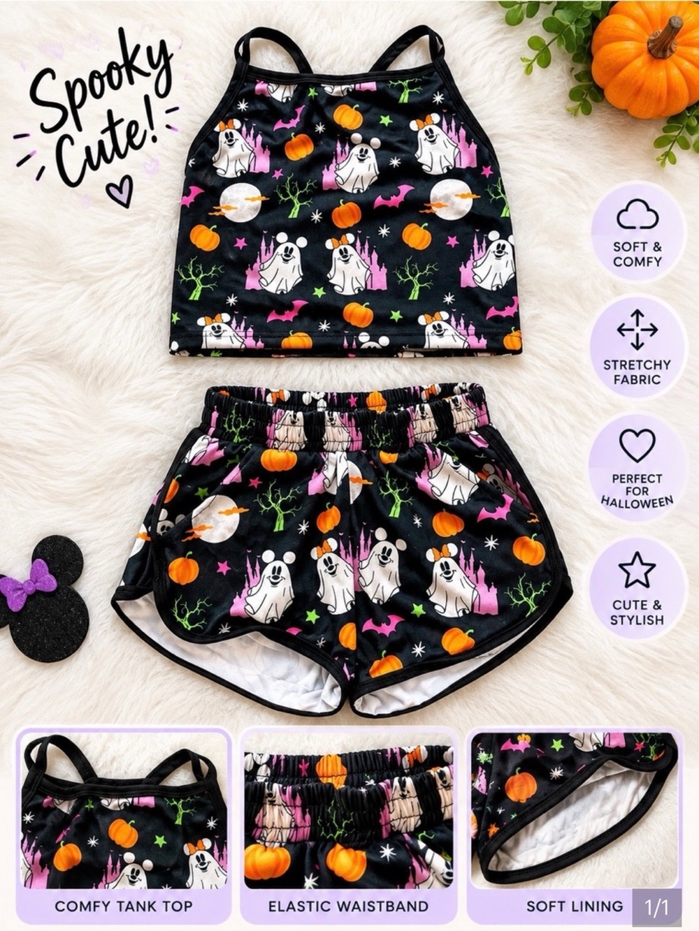 Disney Kids Black Halloween Ghost & Pumpkin Tank Top and Shorts Set